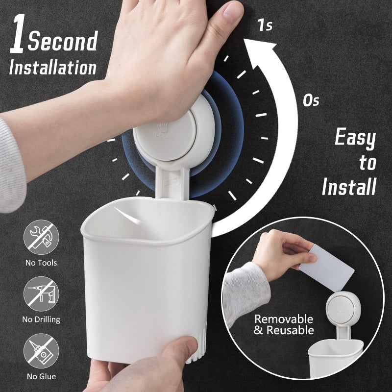 LEVERLOC Powerful Suction Cup Toothbrush Holder, Drill-Free Wall Shower Holder for Toothbrush, Toothpaste, Razor, Removable Suction Cup in Shower, Self-draining Kitchen Tableware Organizer, White - Image 2